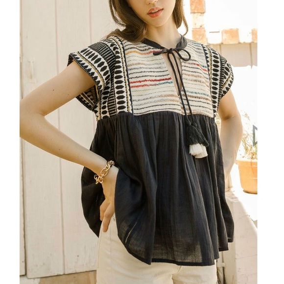 Anthro THML Black Embroidered Tassel Tie Babydoll Blouse Top - Picture 5 of 12